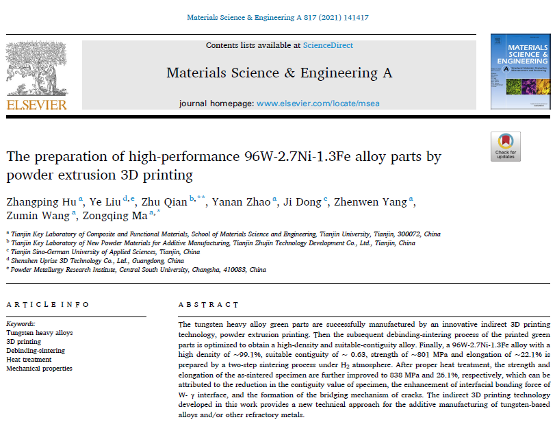 Published the research results of PEP technology in the field of refractory metals